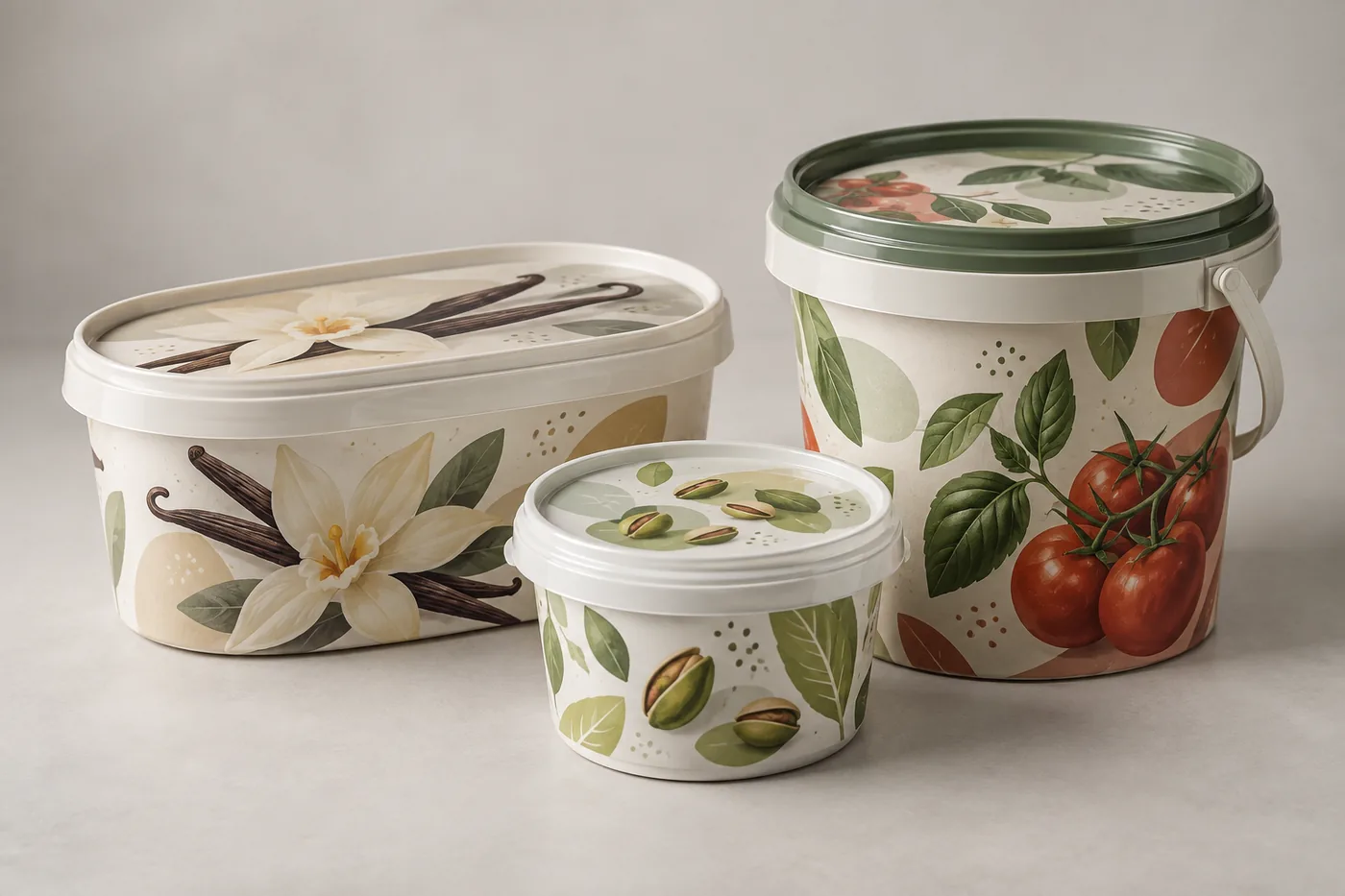 Vasetti e secchielli per alimenti decorati con etichetta IML